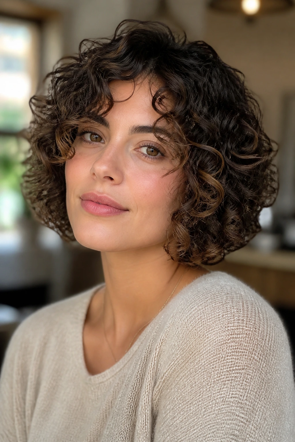 Portrait of a woman with a curly dry-cut bob variation showing defined curls.