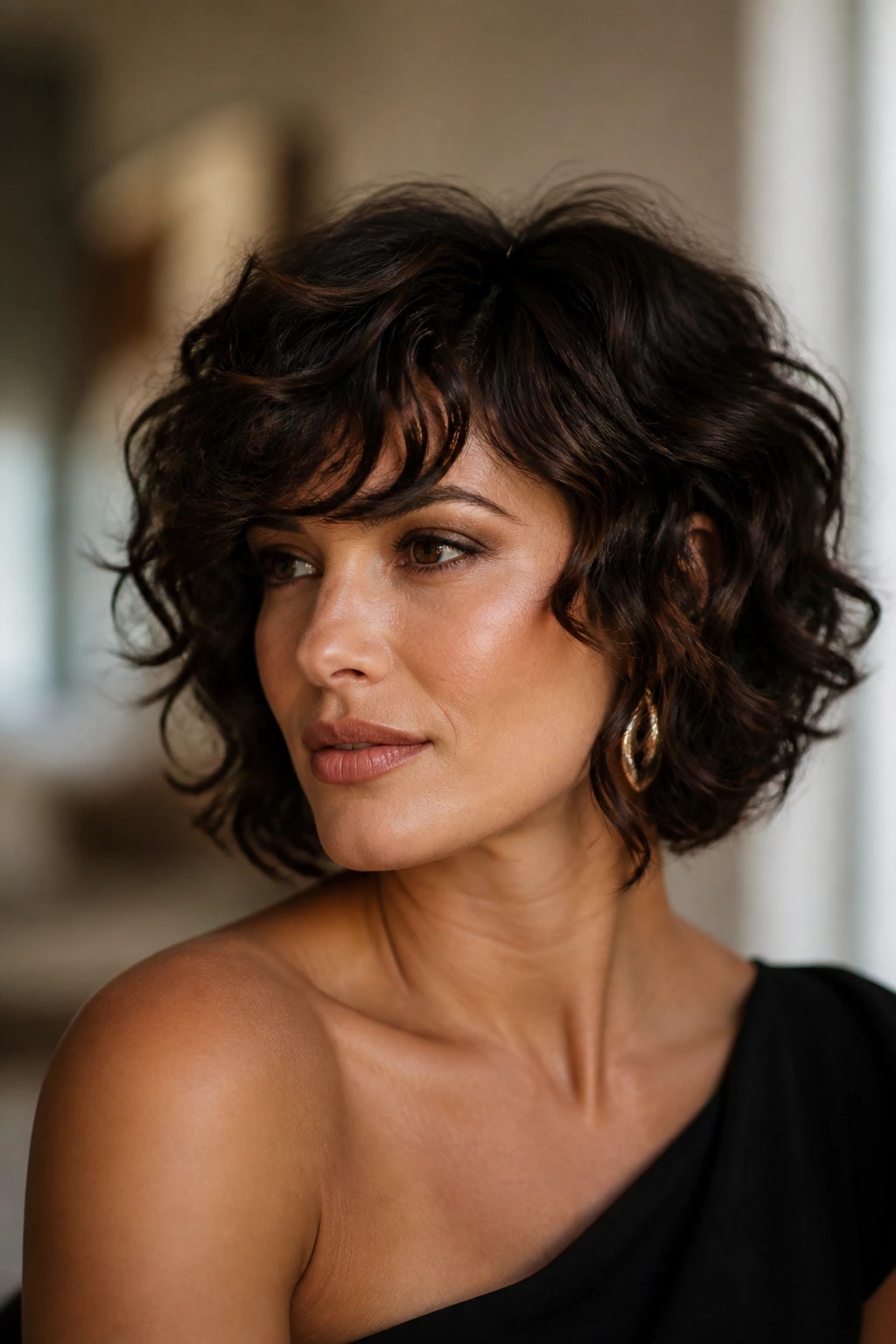 Woman with versatile curly bob for evening look