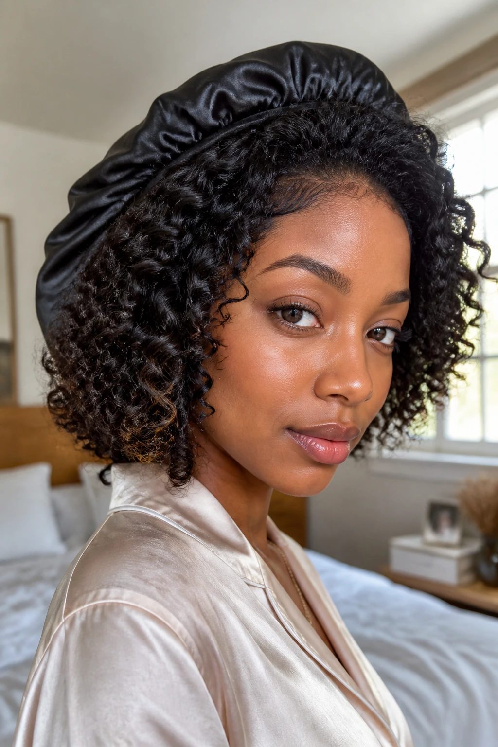 Close-up of real Black woman with curly bob, crown lift and satin bonnet.