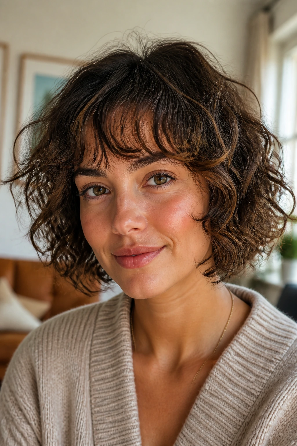 Close-up portrait of a real woman with a curly bob and wispy bangs in warm window light