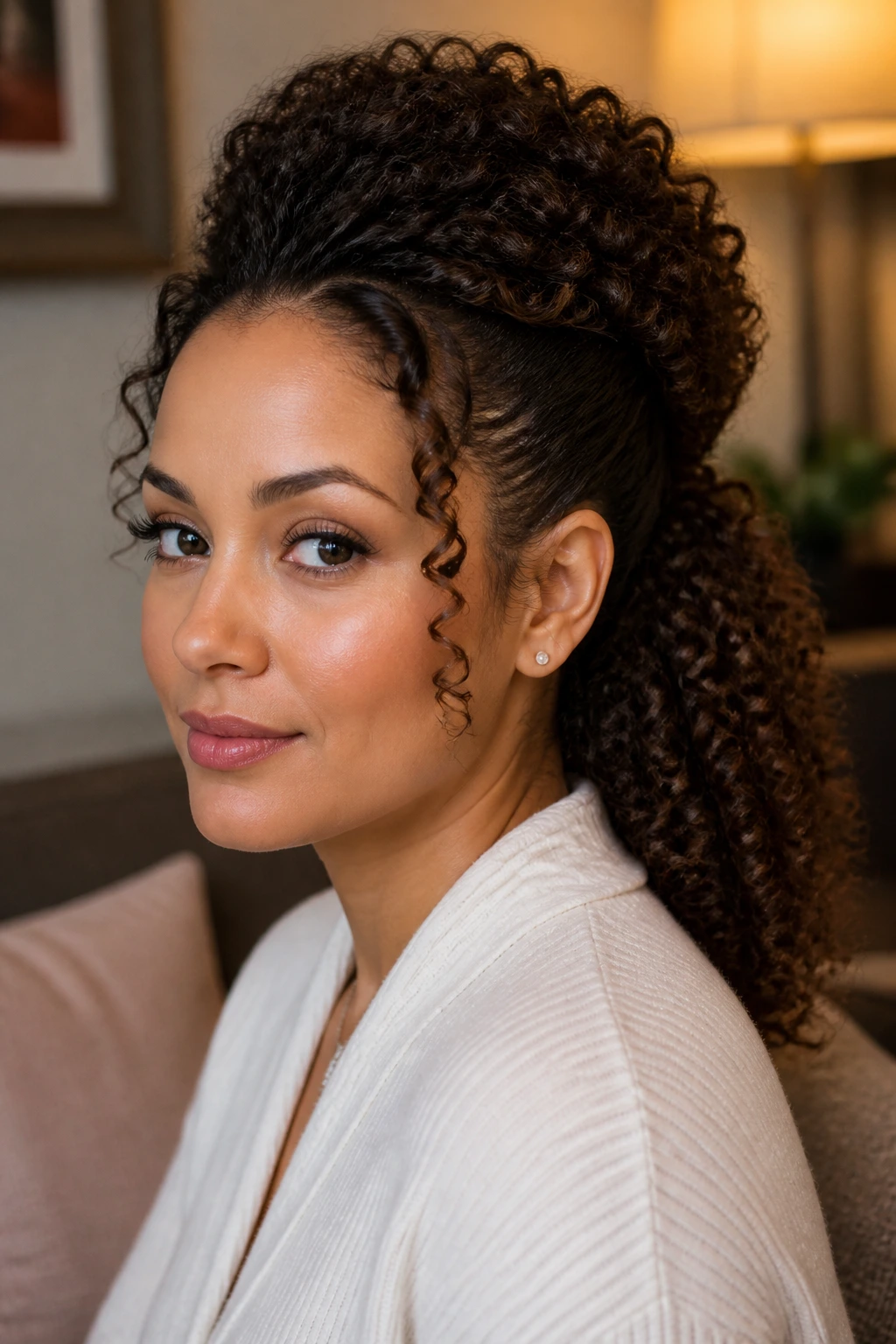 Close-up portrait of a real person with a curly bouffant ponytail