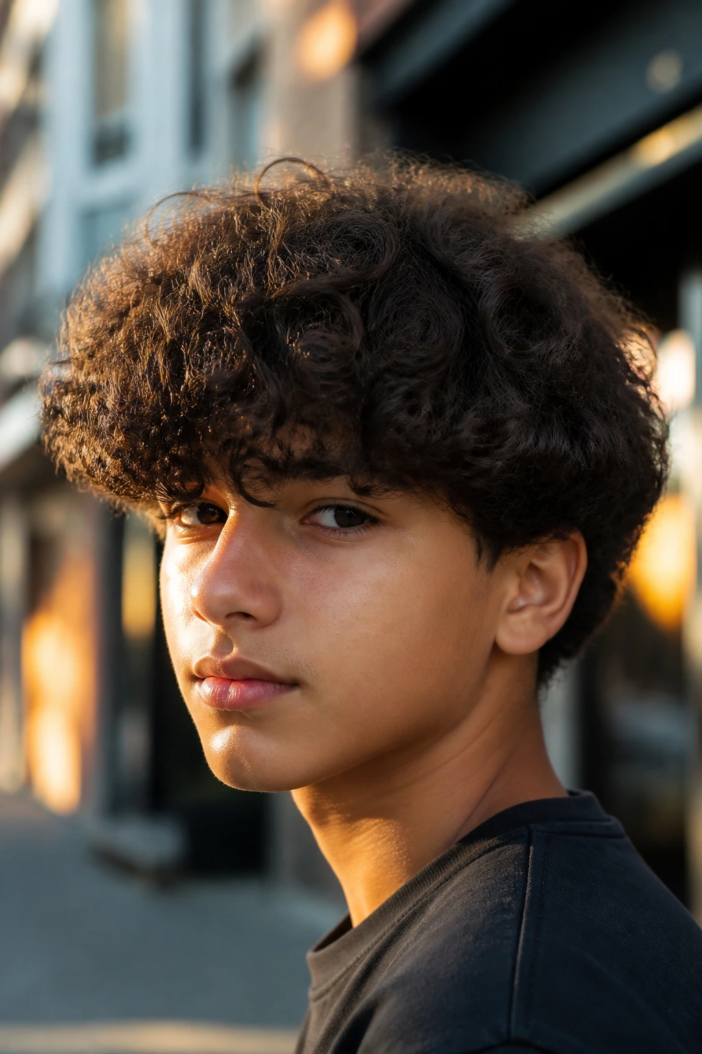 Portrait of a real boy with a rounded, textured curly bowl cut
