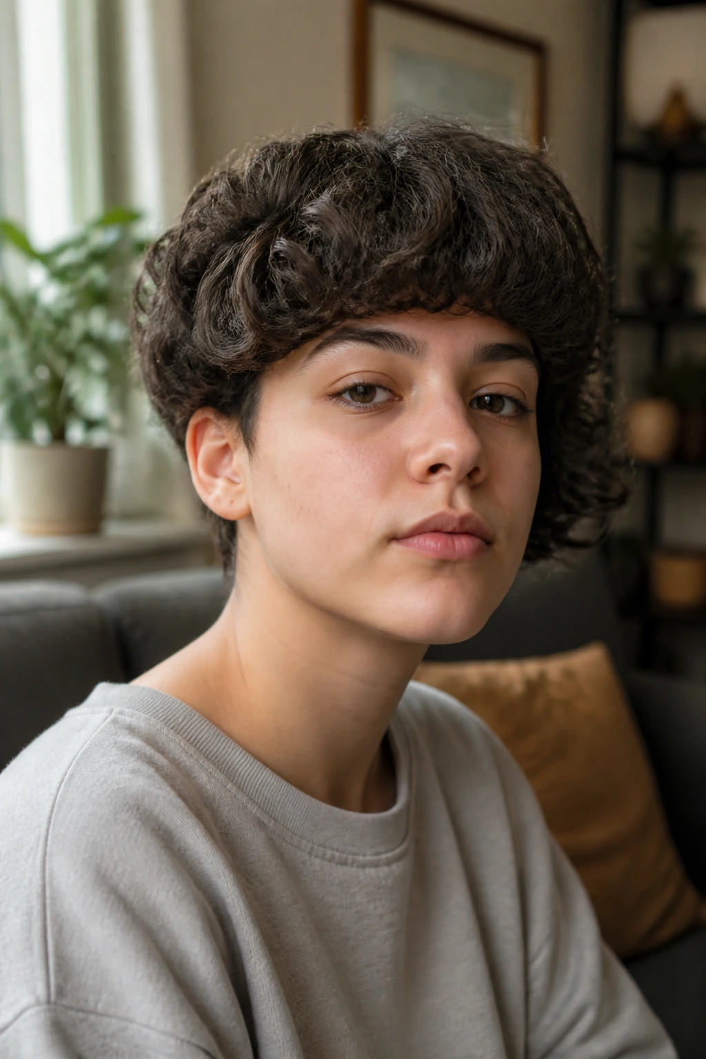 Close-up portrait of a real person with a curly bowl cut lacking side balance