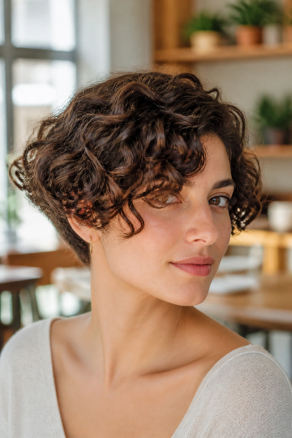 Portrait of a real woman with side-parted curly bowl-cut remix in natural light