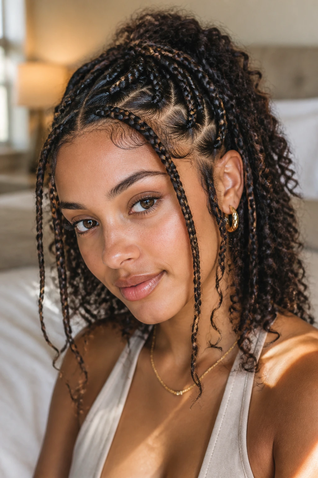 Close-up portrait of a real woman with curly hair braided looks