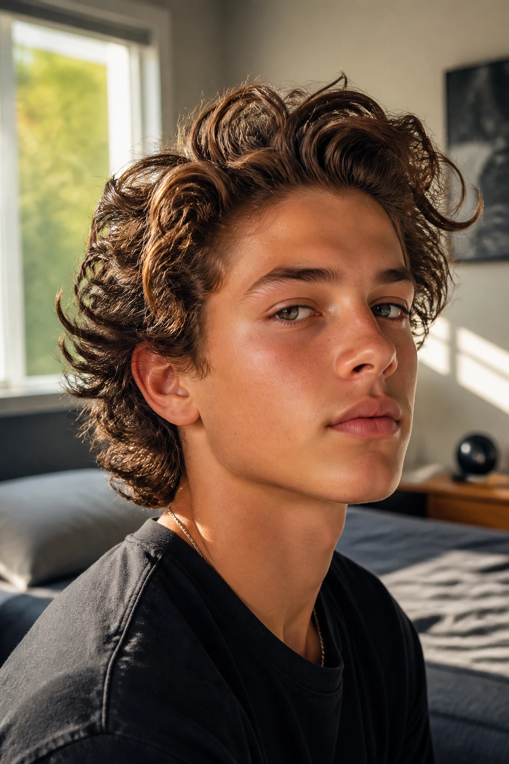 Close-up of a real boy with Curly Bro Flow hairstyle in a sunlit bedroom