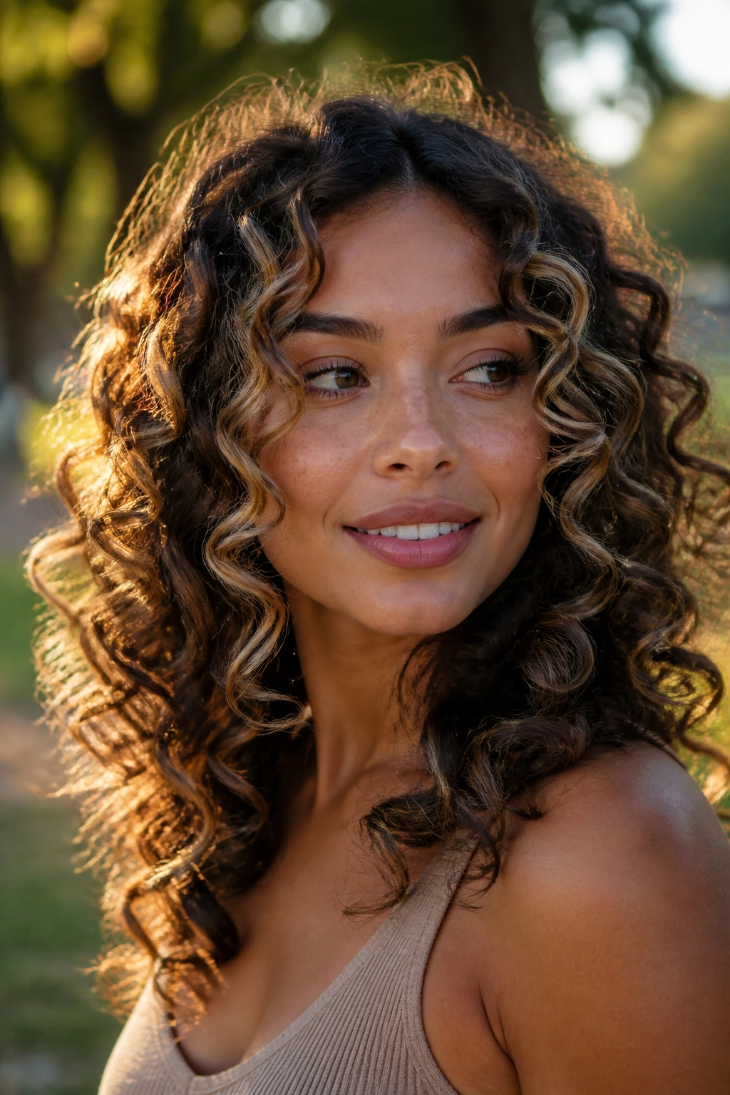 Curly halo bronde with outer curl highlights around face