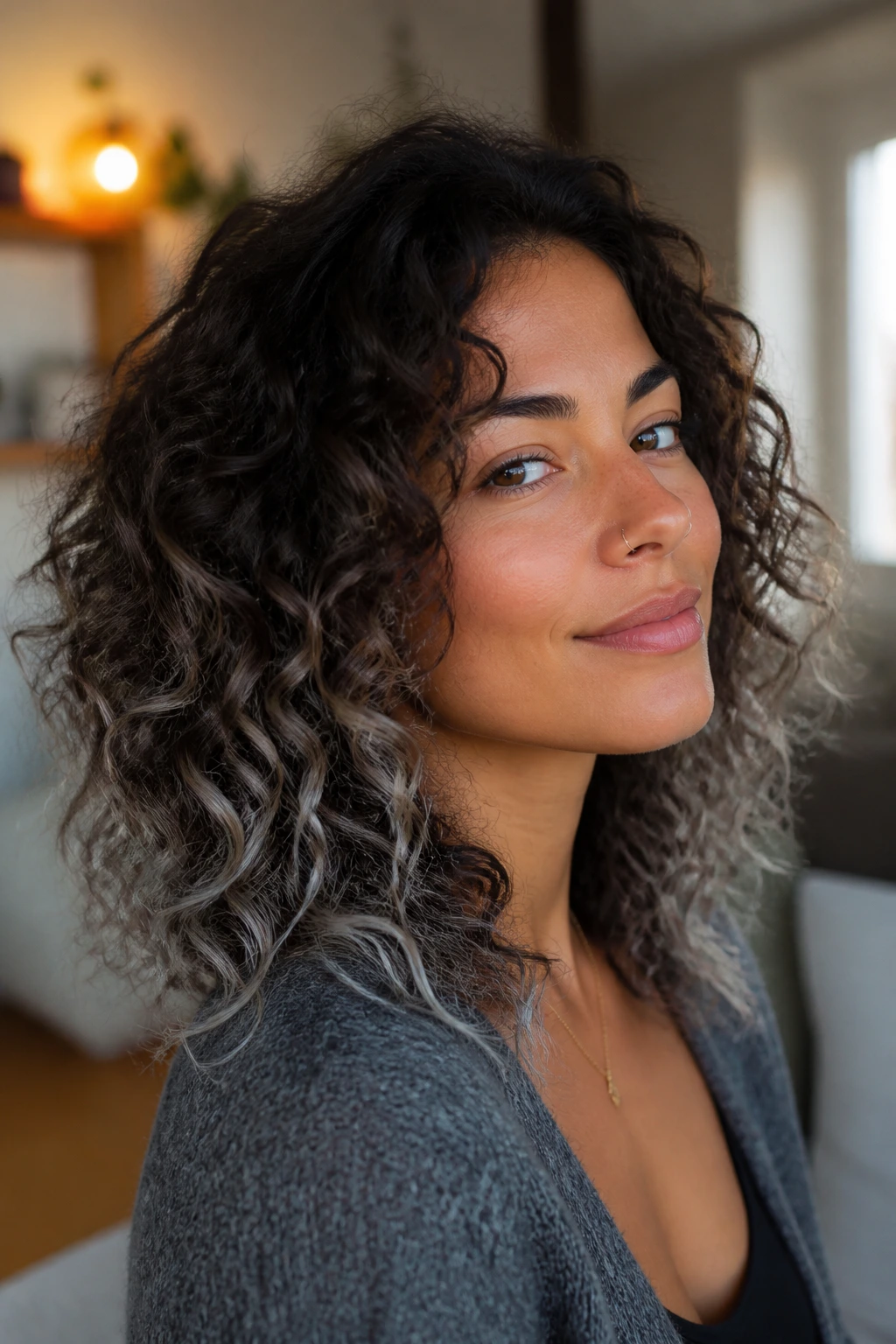 Curly brown melt with pewter ends on a real person.