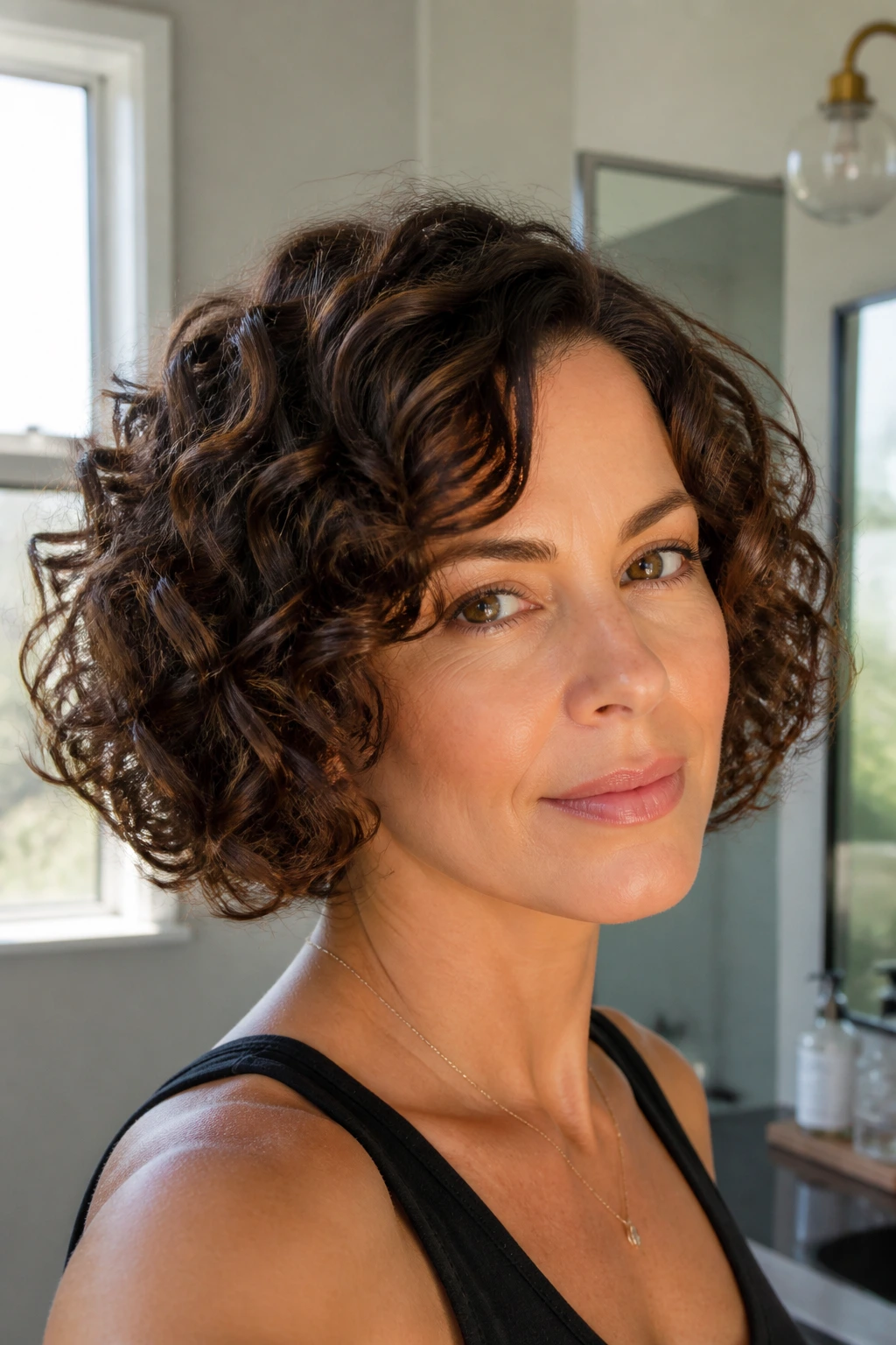 Close-up of a real woman with a curly brunette bob at chin to jaw length in natural window light