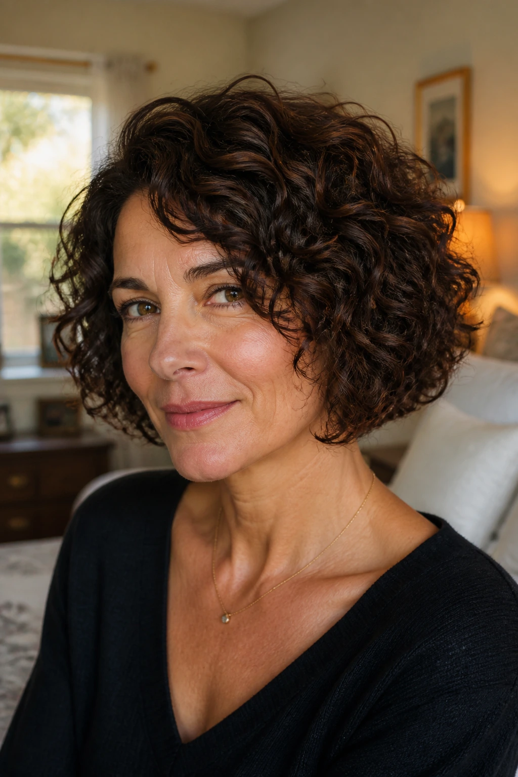 Close-up portrait of a real woman with a curly brunette bob in warm bedroom lighting