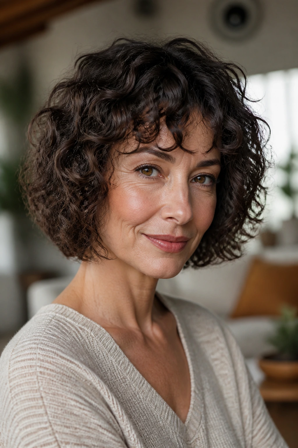 Close-up of a real woman with curly brunette bob showing tuned shape and defined curls in natural light
