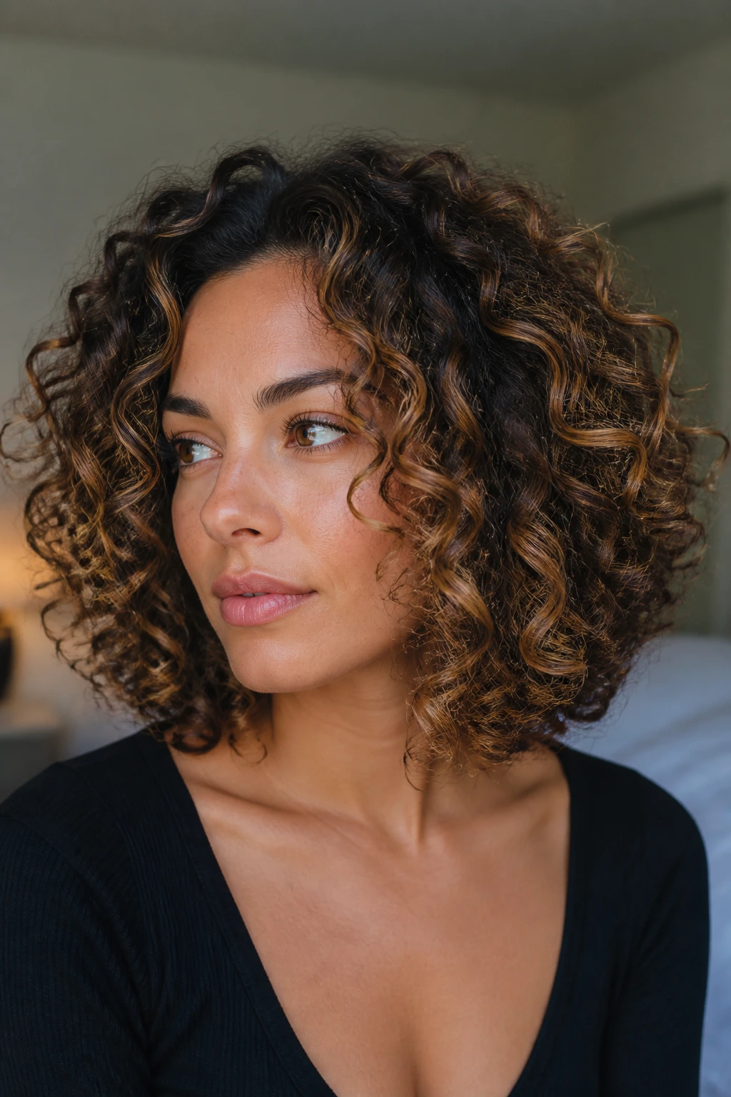 Close-up of curly brunette with strategic highlight placement on outer curls and face frame