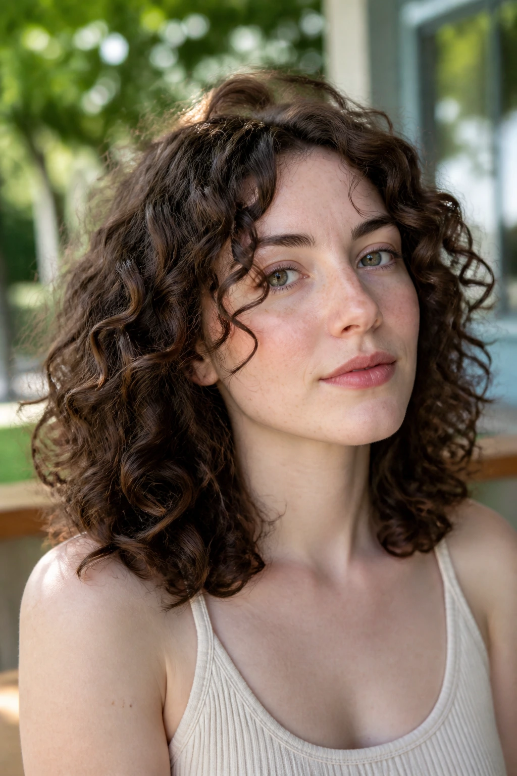 Portrait of a woman with curly brunette mid-length hair showing natural texture