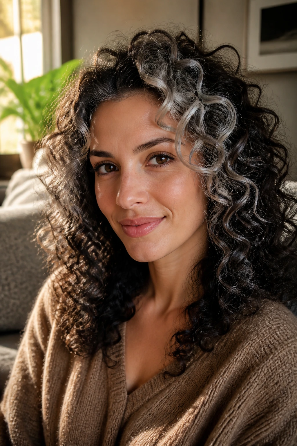 Curly brunette with bright silver highlights around the face