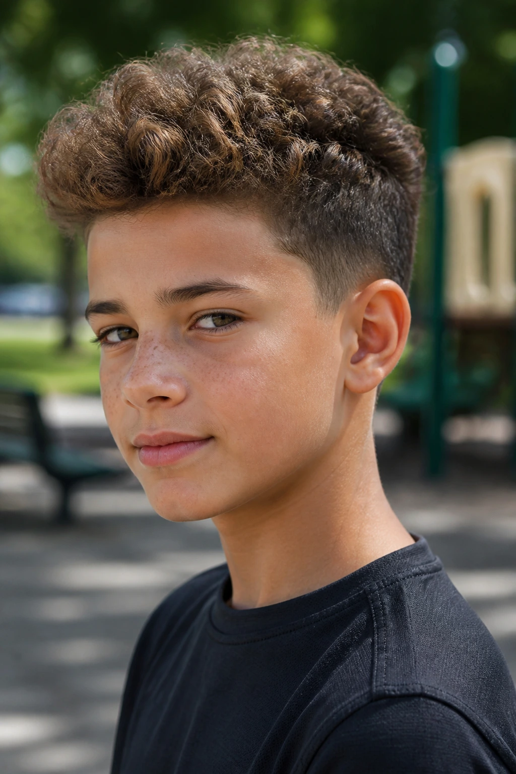 Close-up of a boy's curly hair brushed up with tapered sides in natural light