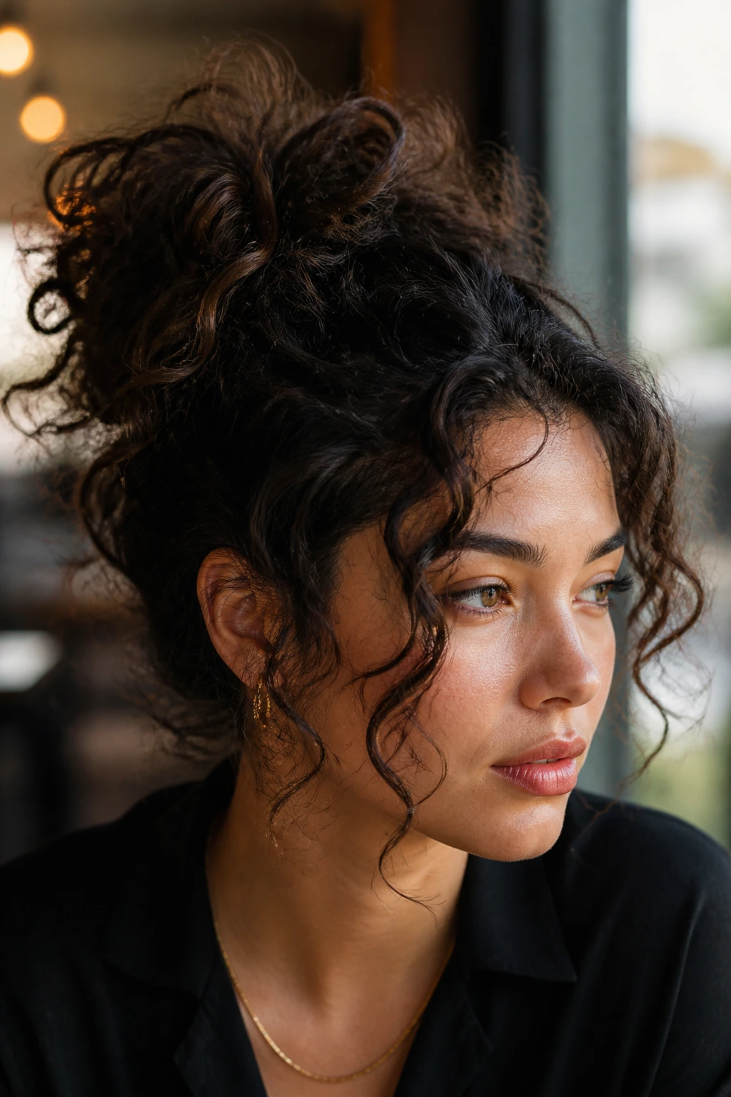 Close-up portrait of a real woman wearing a high messy curly bun with tendrils around the ears.