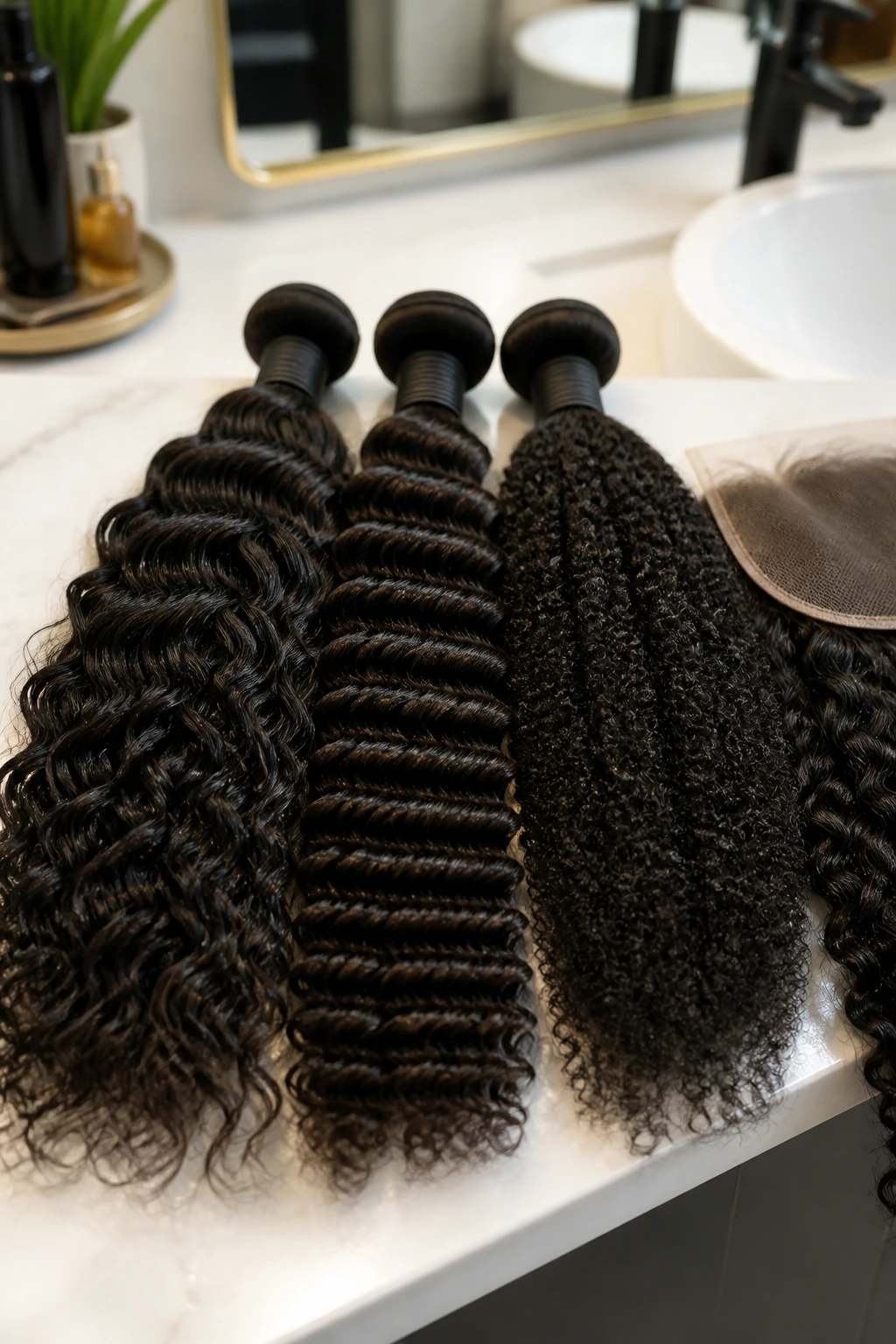 Close-up of curly hair bundles with a partial closure on a salon counter