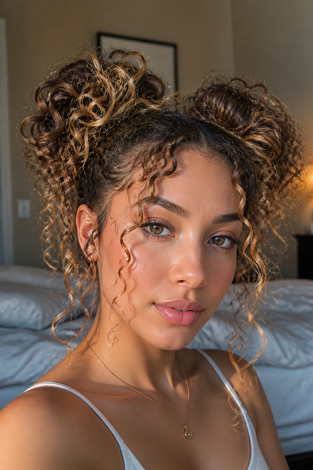 Close-up of a real woman with curly double buns and airy tendrils framing the face