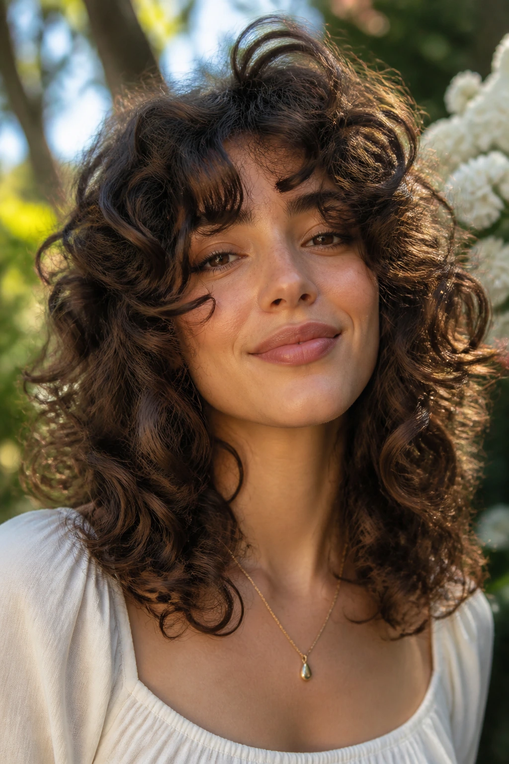 Close-up of a real person with curly butterfly cut and short face frame