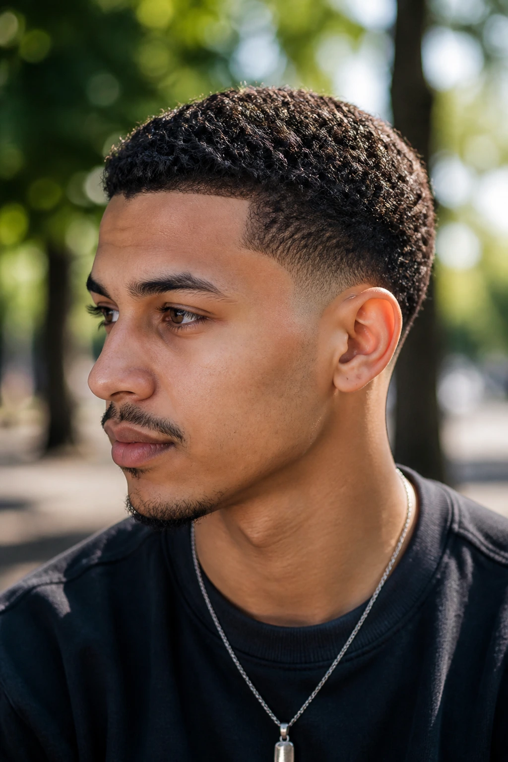Close-up portrait of a man with curly buzz and low taper fade