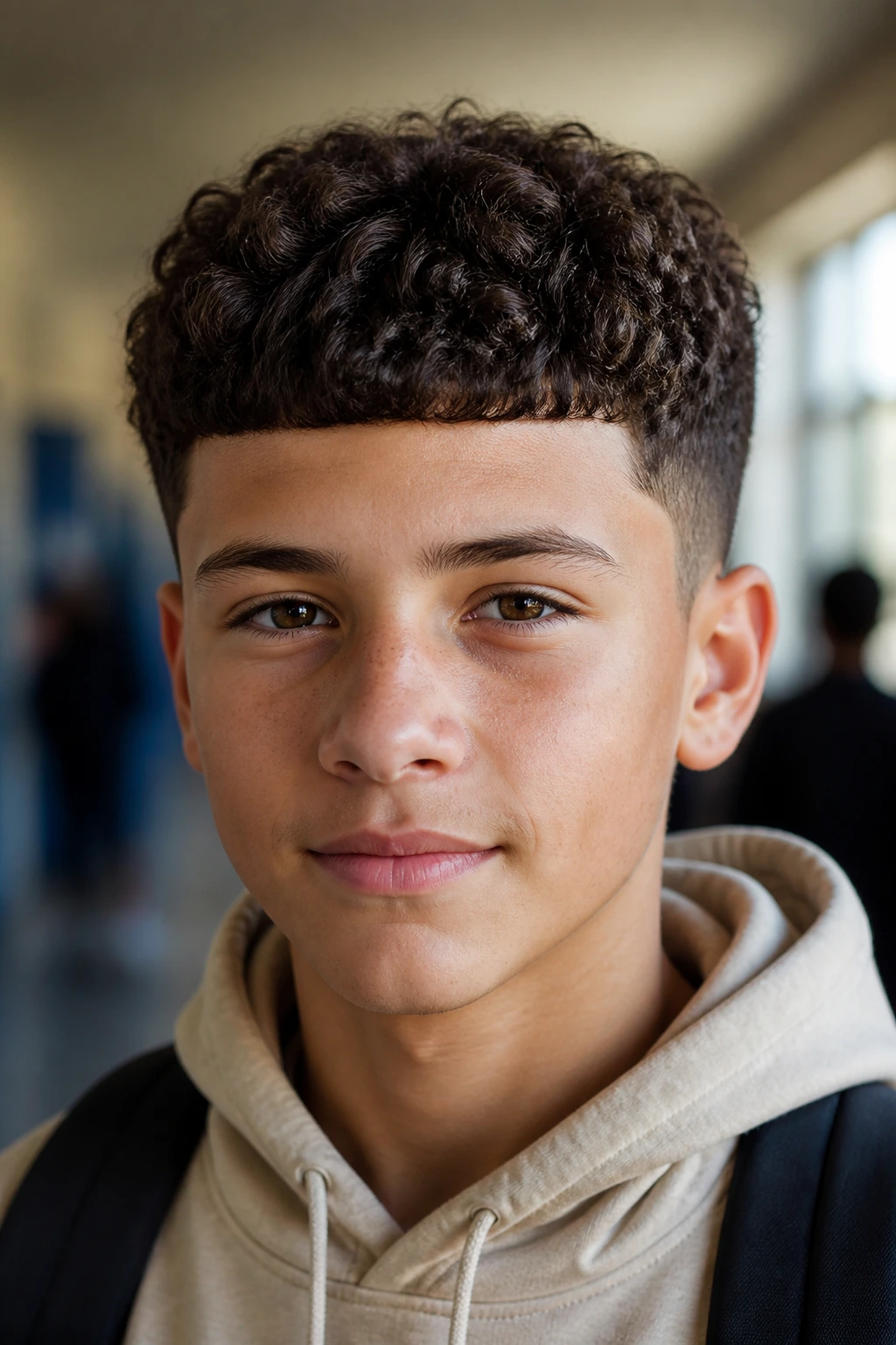 Close-up portrait of a real boy with a curly Caesar cut and neat fringe