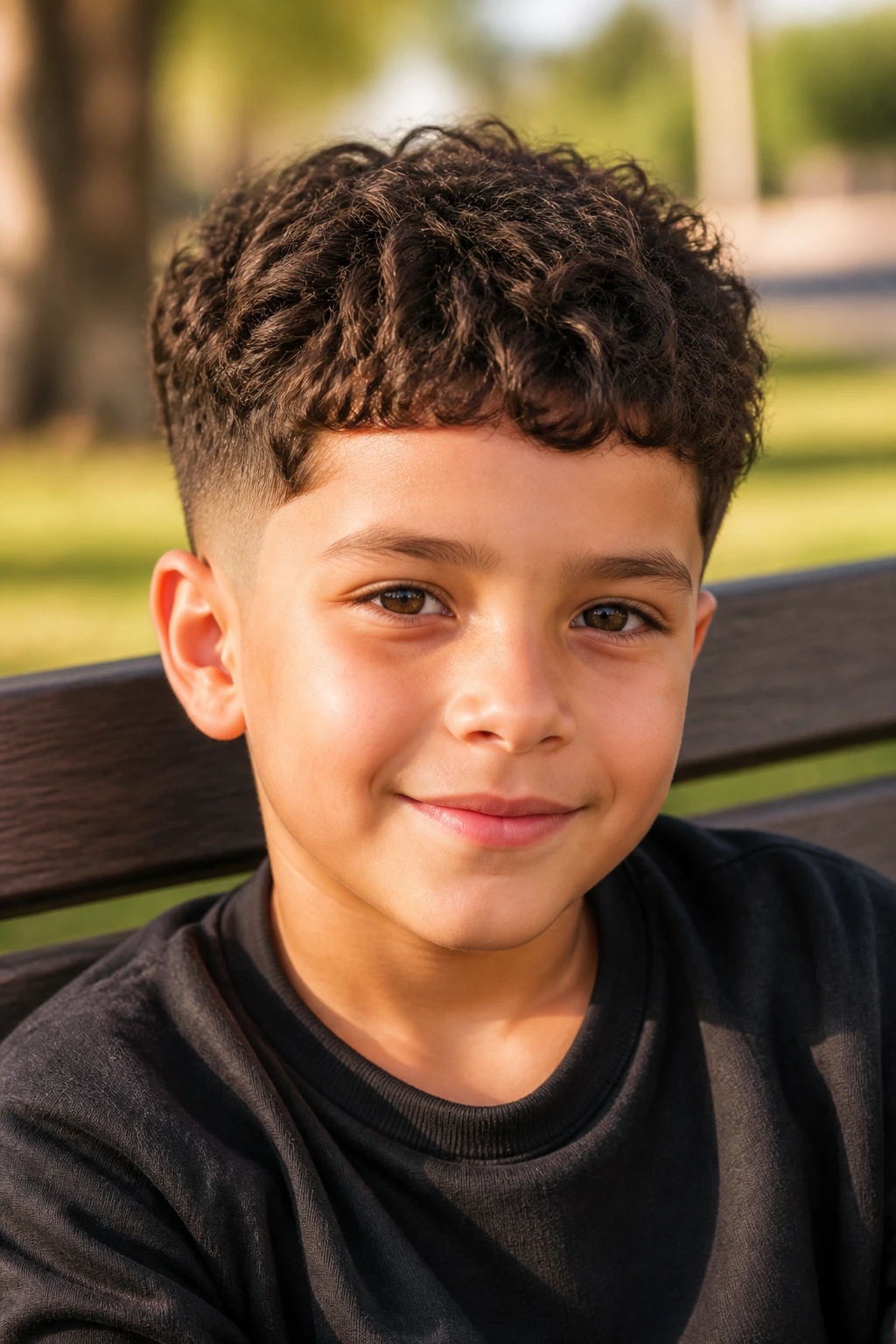 Portrait of a boy with curly Caesar hairstyle and low taper fade