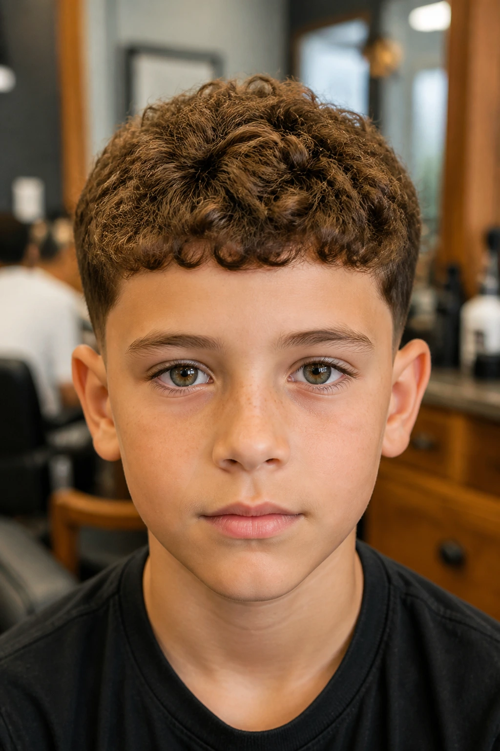 Close-up of preteen boy with curly Caesar haircut and forward fringe in barber shop.