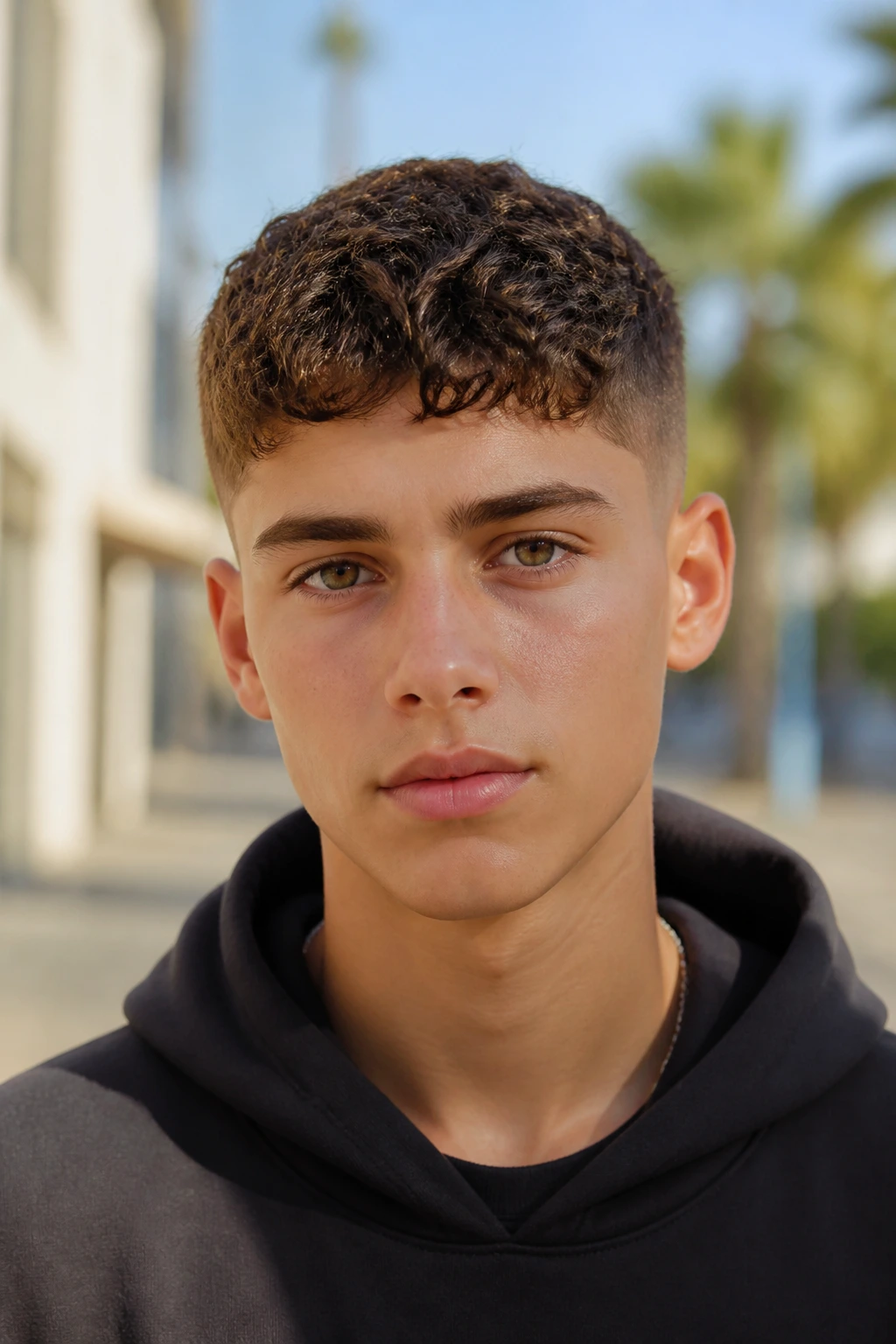Boy with curly Caesar haircut, front view