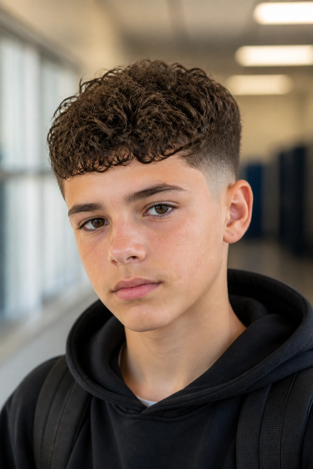 Close-up of real boy with curly Caesar cut in softly lit hallway