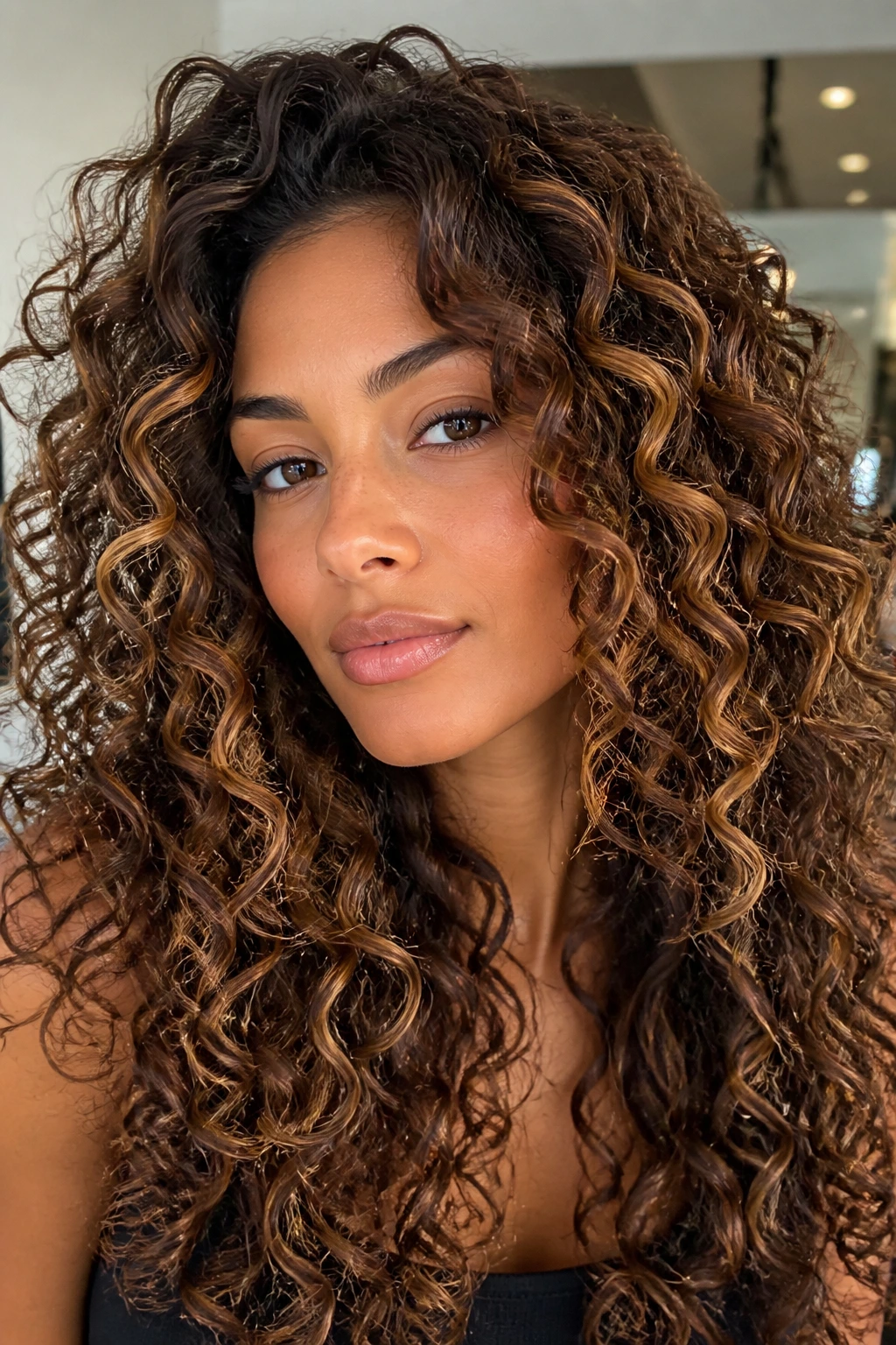 Curly caramel foilyage visible through natural curls on a real woman
