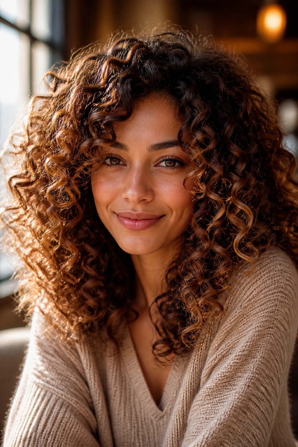 Curly brunette with caramel halo around crown