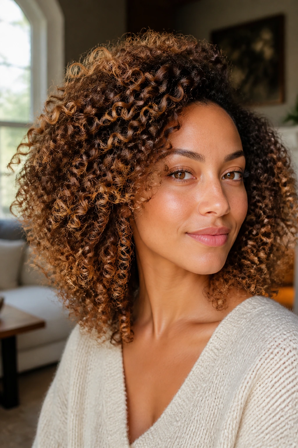 Close-up of a real woman with curly caramel halo highlights around crown