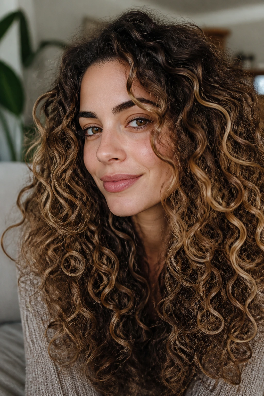 Real woman with curly hair showing Curly Cloud Caramel ribbons that follow curl pattern