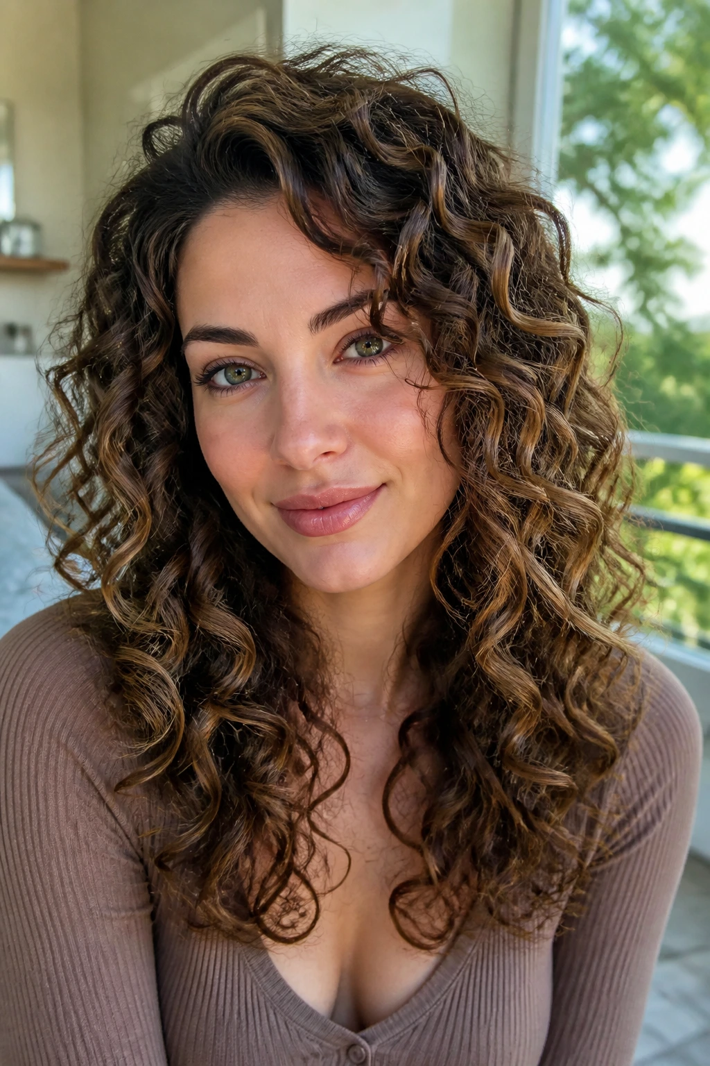 Curly hair with caramel ribbons on cool-toned skin.