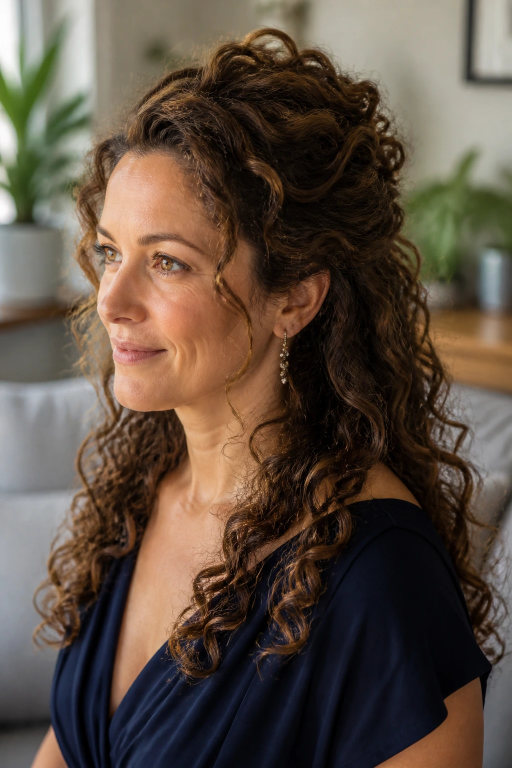 Portrait of a woman with curly cascade half-up hairstyle showing defined curls and crown lift.
