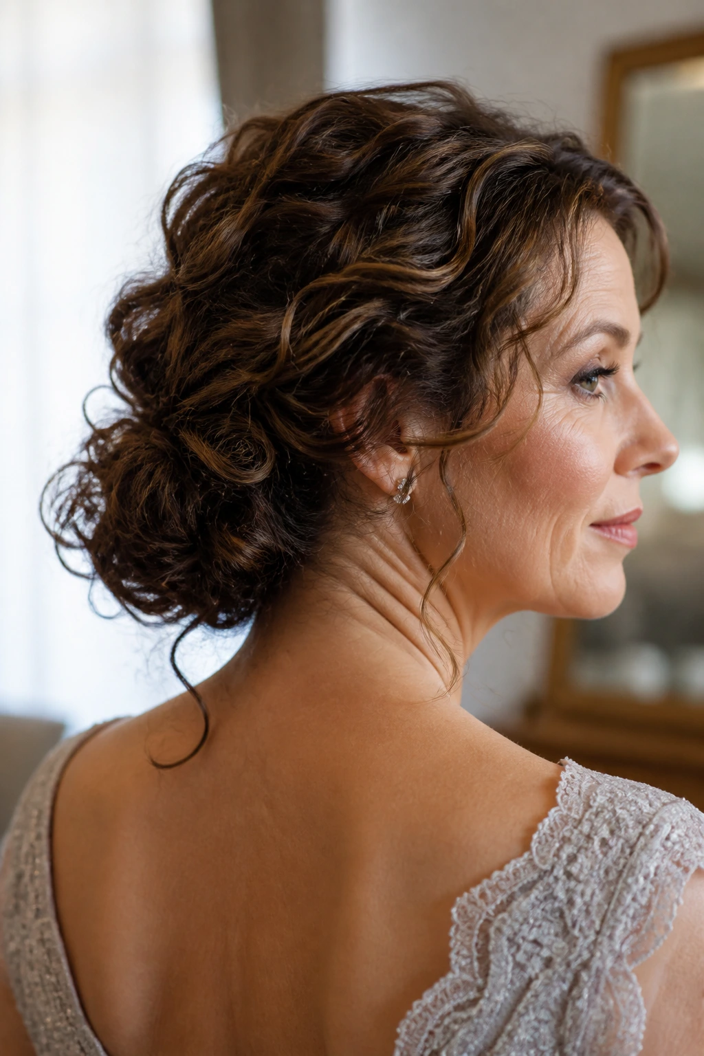 Close-up of a real woman with a low curly chignon, soft curls around ears in bridal suite light