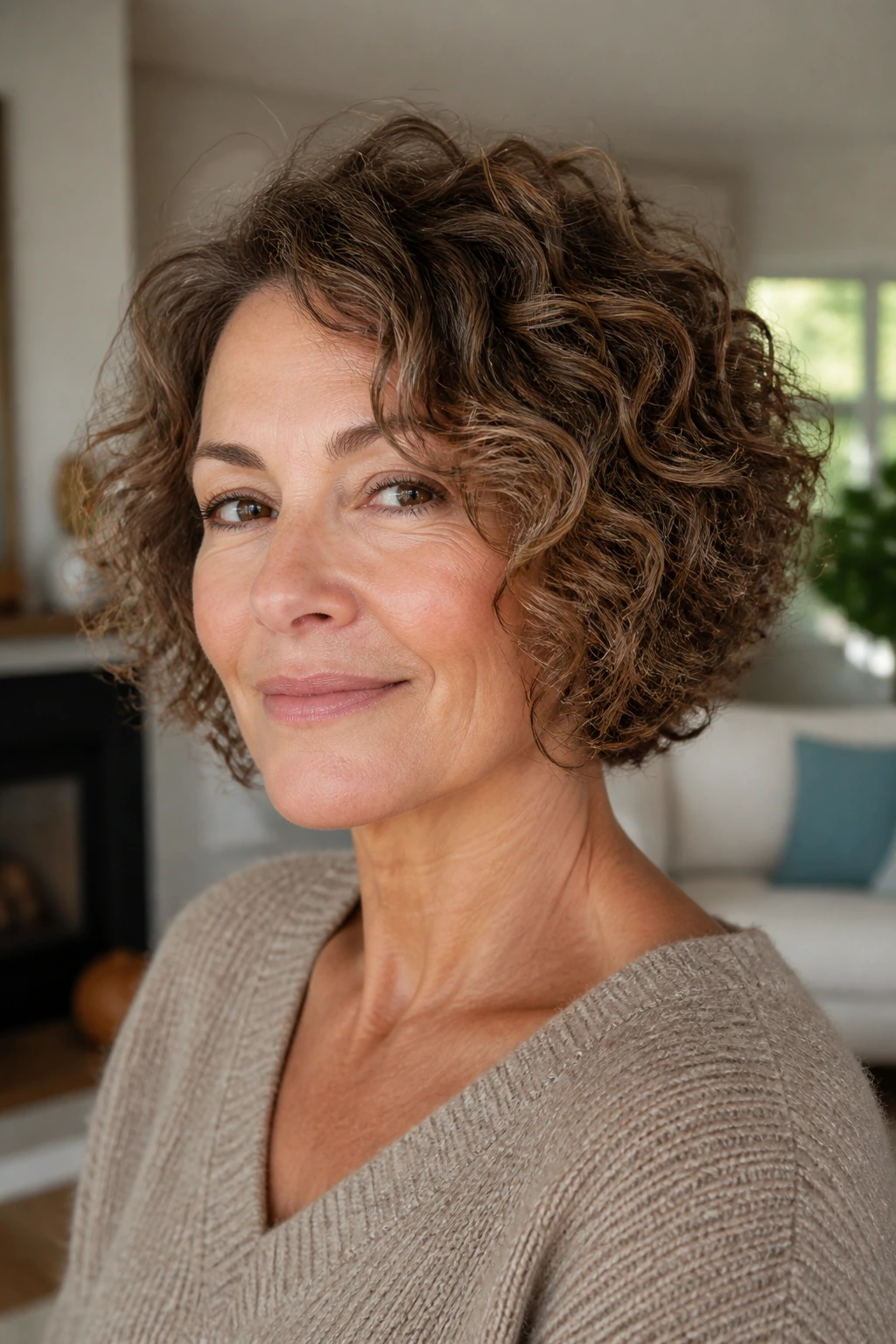 Close-up portrait of a real woman with a curly chin bob and diffused layers.