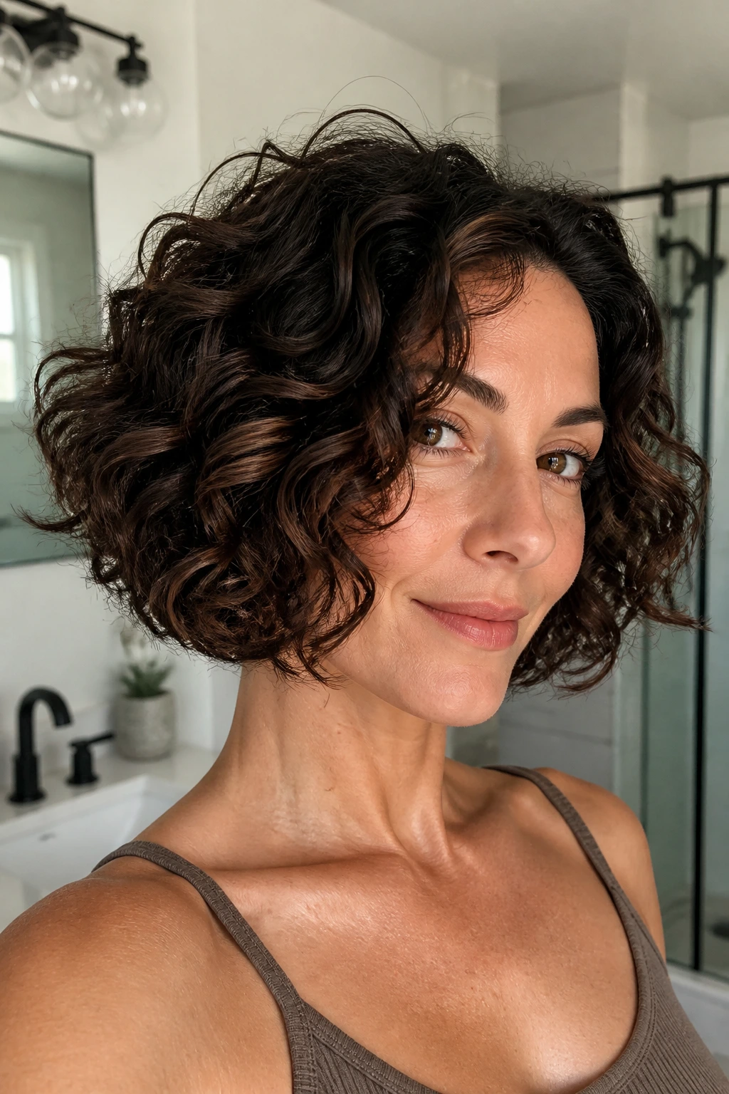 Close-up of a real woman with a curly chin-length bob and deep mocha lowlights in a bright bathroom