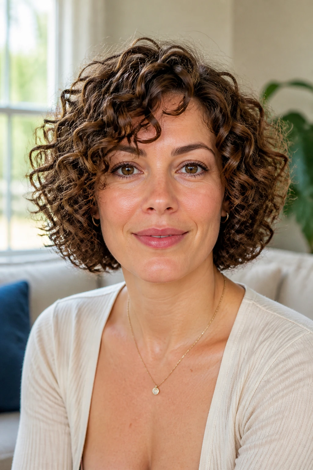 Close-up portrait of a real woman with a curly chin-length bob