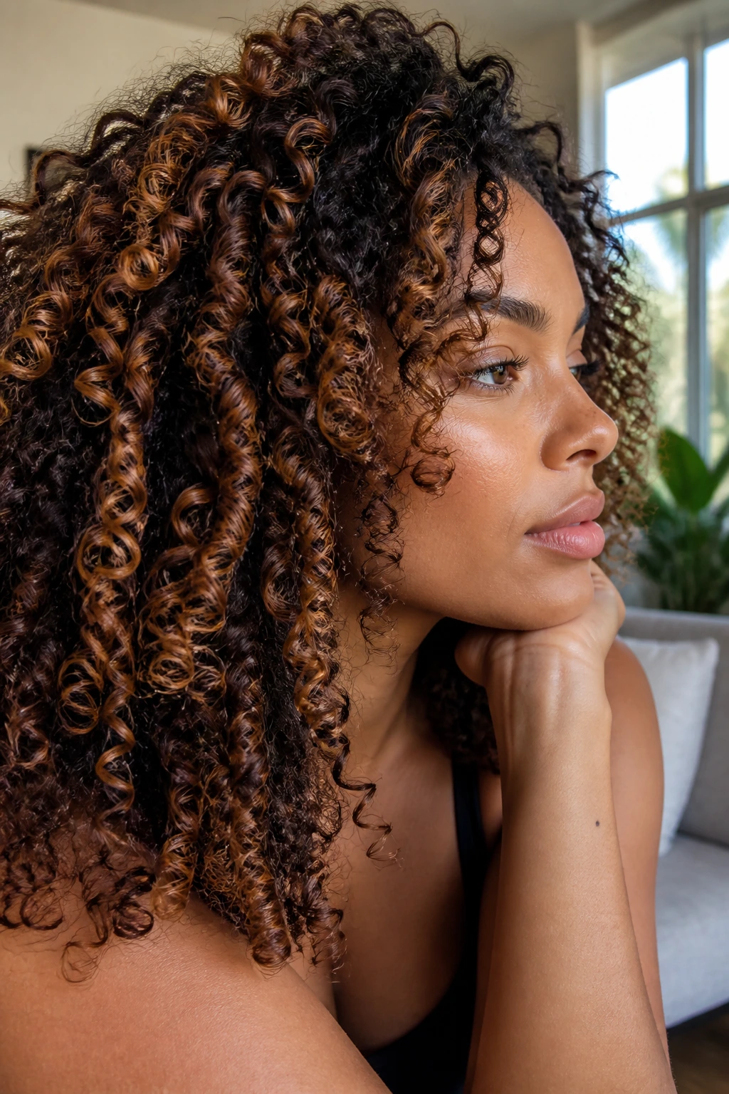 Close-up of a real woman with auburn accents woven into curly hair