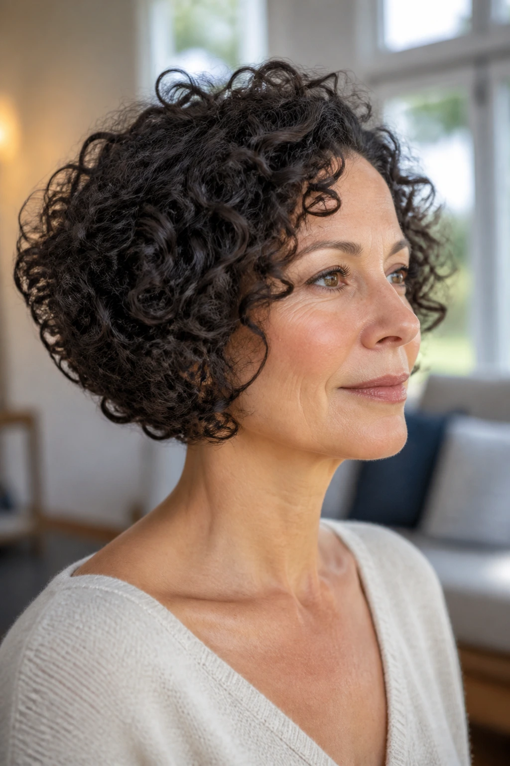 Real woman with curly coil bob showing rounded perimeter and natural curls