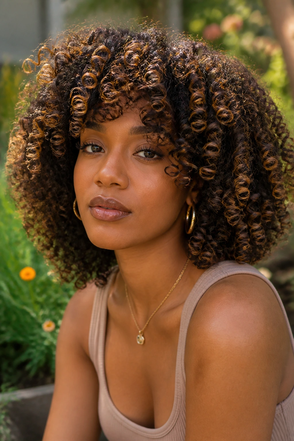 Close-up of real person with curly coil pop caramel highlights