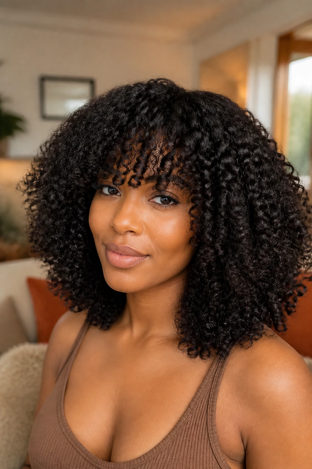 Real woman with curly coils and rounded fringe