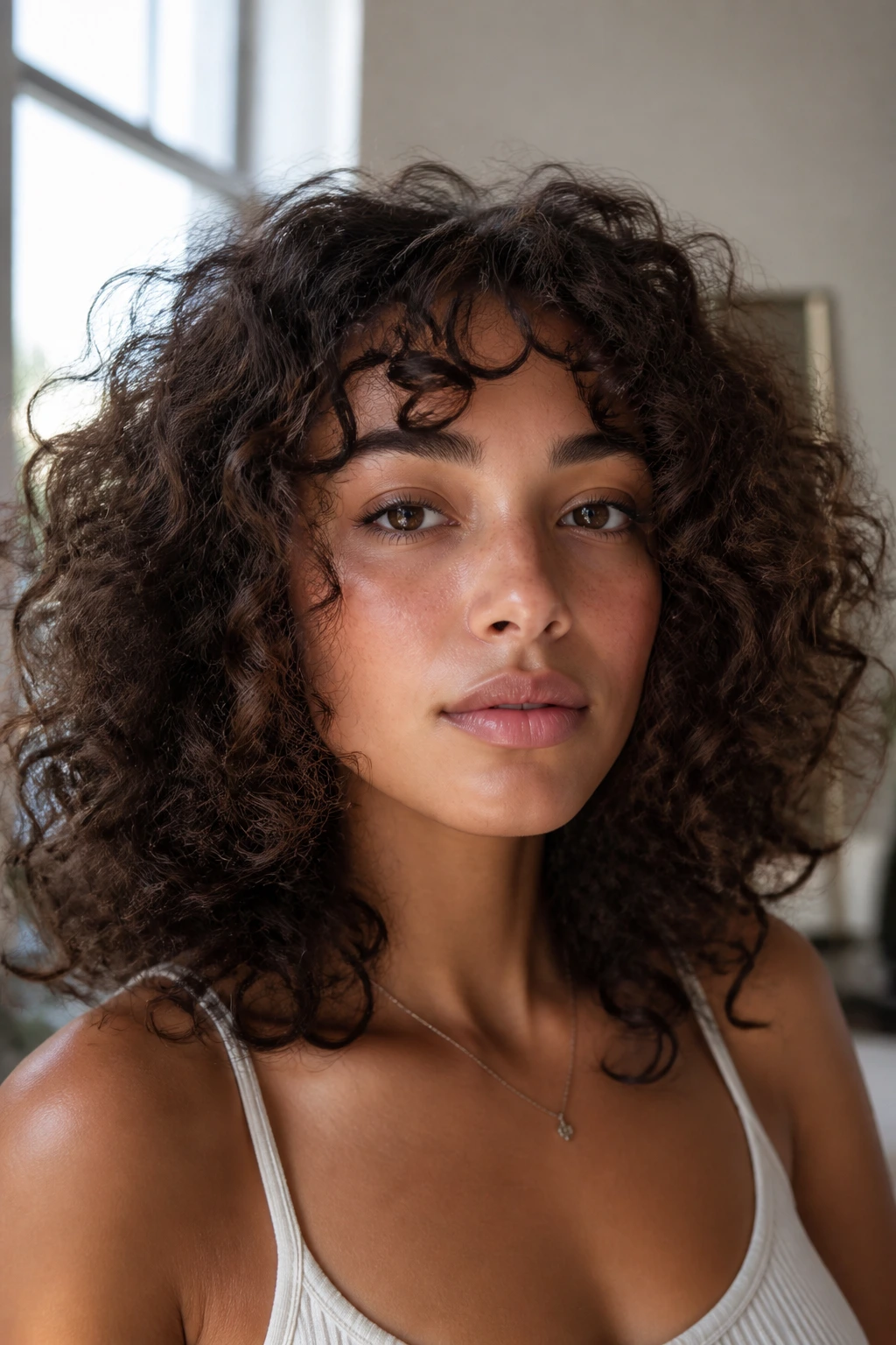 Portrait of a woman showing curly hair variation with face-framing layers