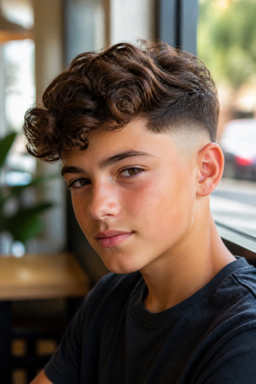 Close-up of a real boy with curly comb over and low fade