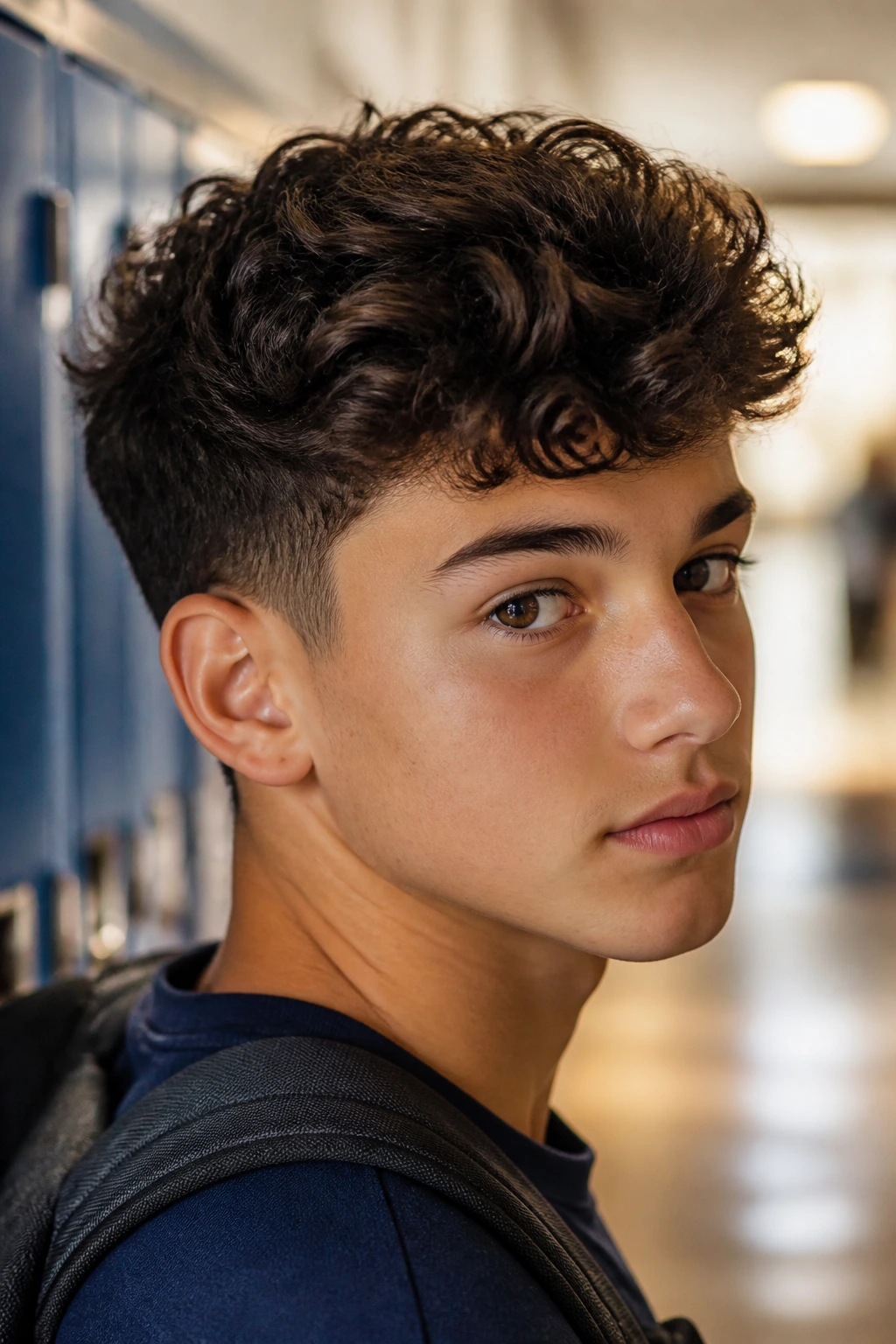 Portrait of a boy with curly-control thick hair in a school hallway