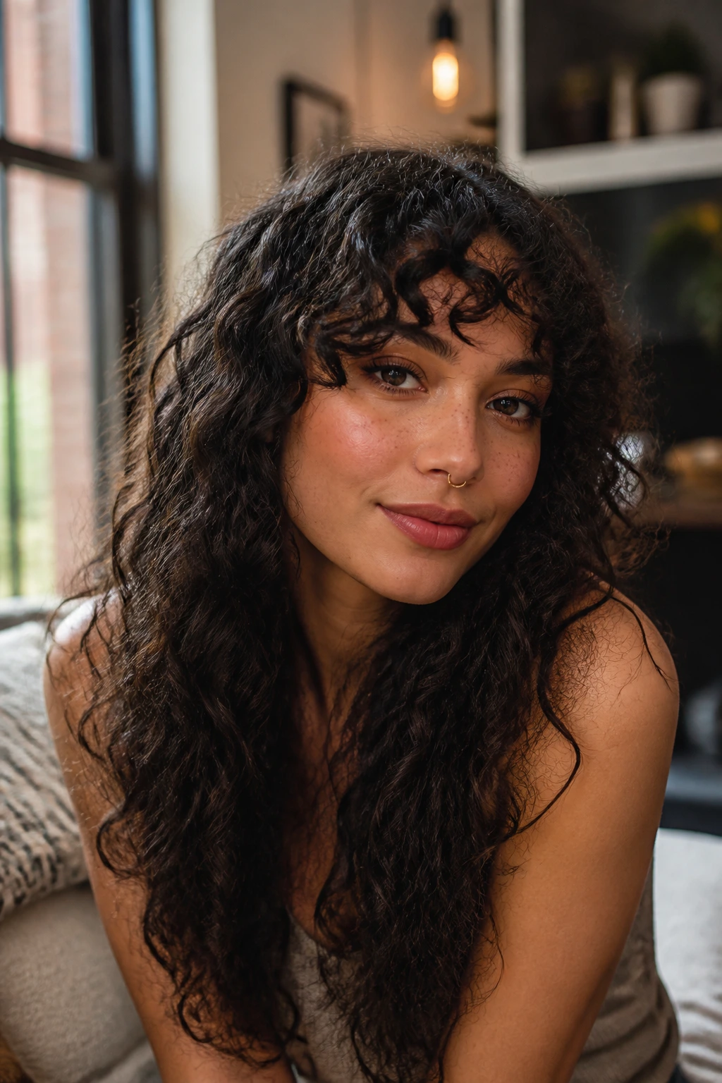 Close-up of curly crescent bangs on a real woman in soft indoor light