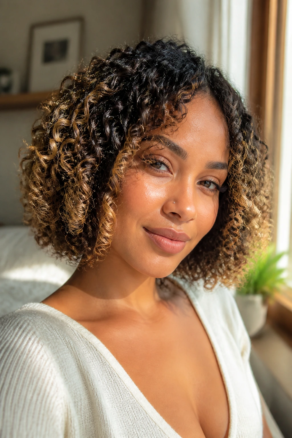 Close-up of a real woman with Curly Crochet Bob and sunlit blonde ends, natural window light