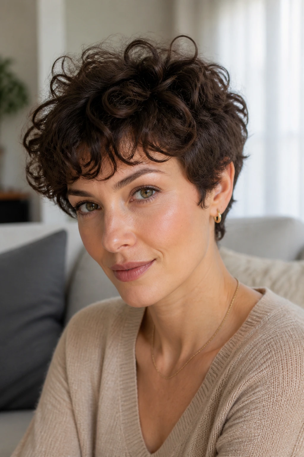 Close-up of a real woman with curly crop and soft apex volume.