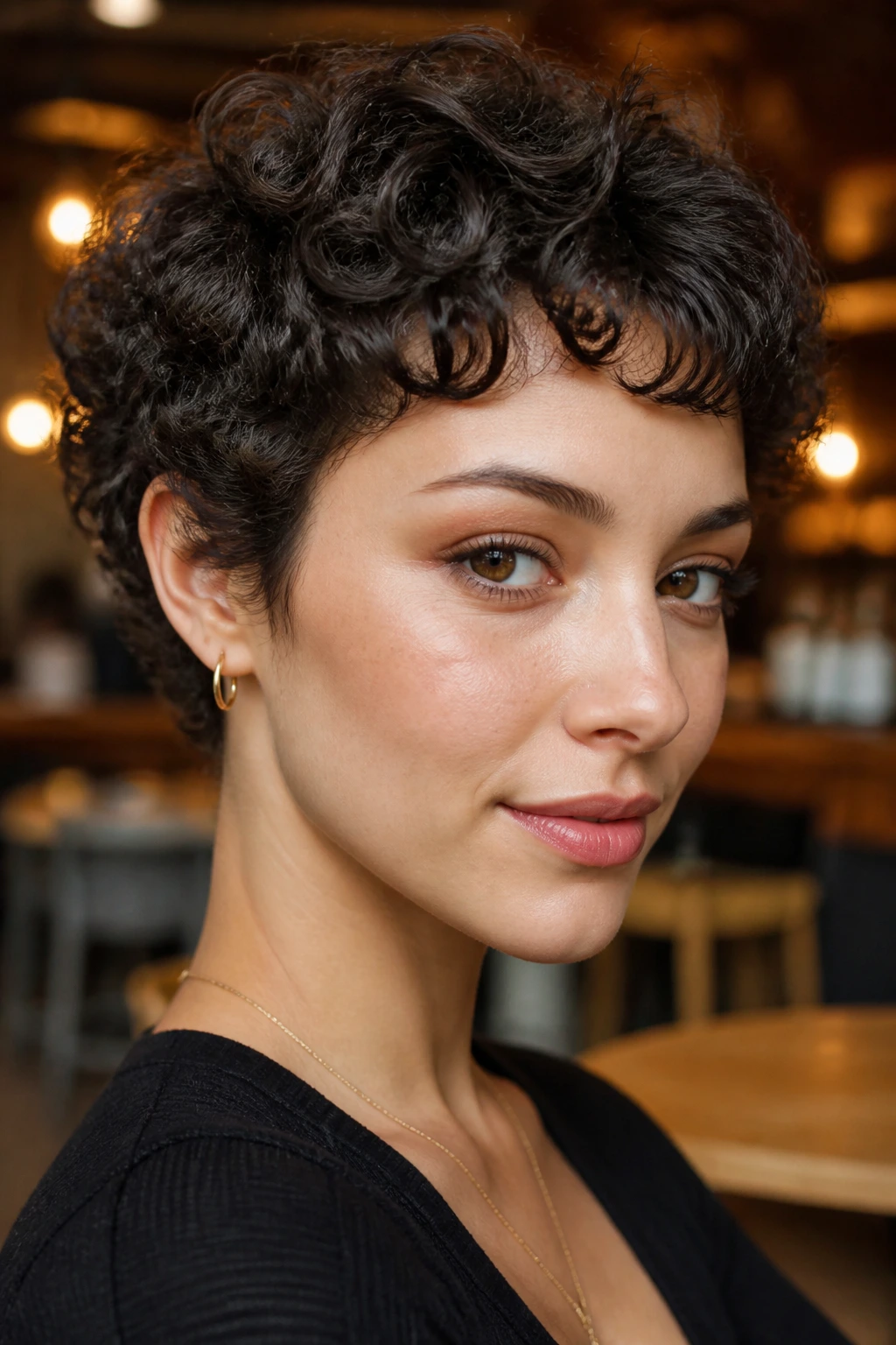 Portrait of a real person with curly crop and baby fringe.